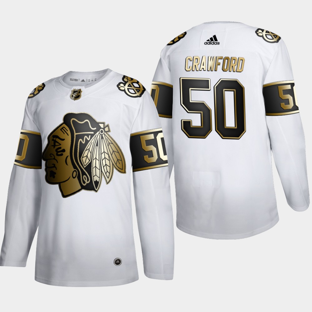 Cheap Chicago Blackhawks 50 Corey Crawford Men Adidas White Golden Edition Limited Stitched NHL Jersey